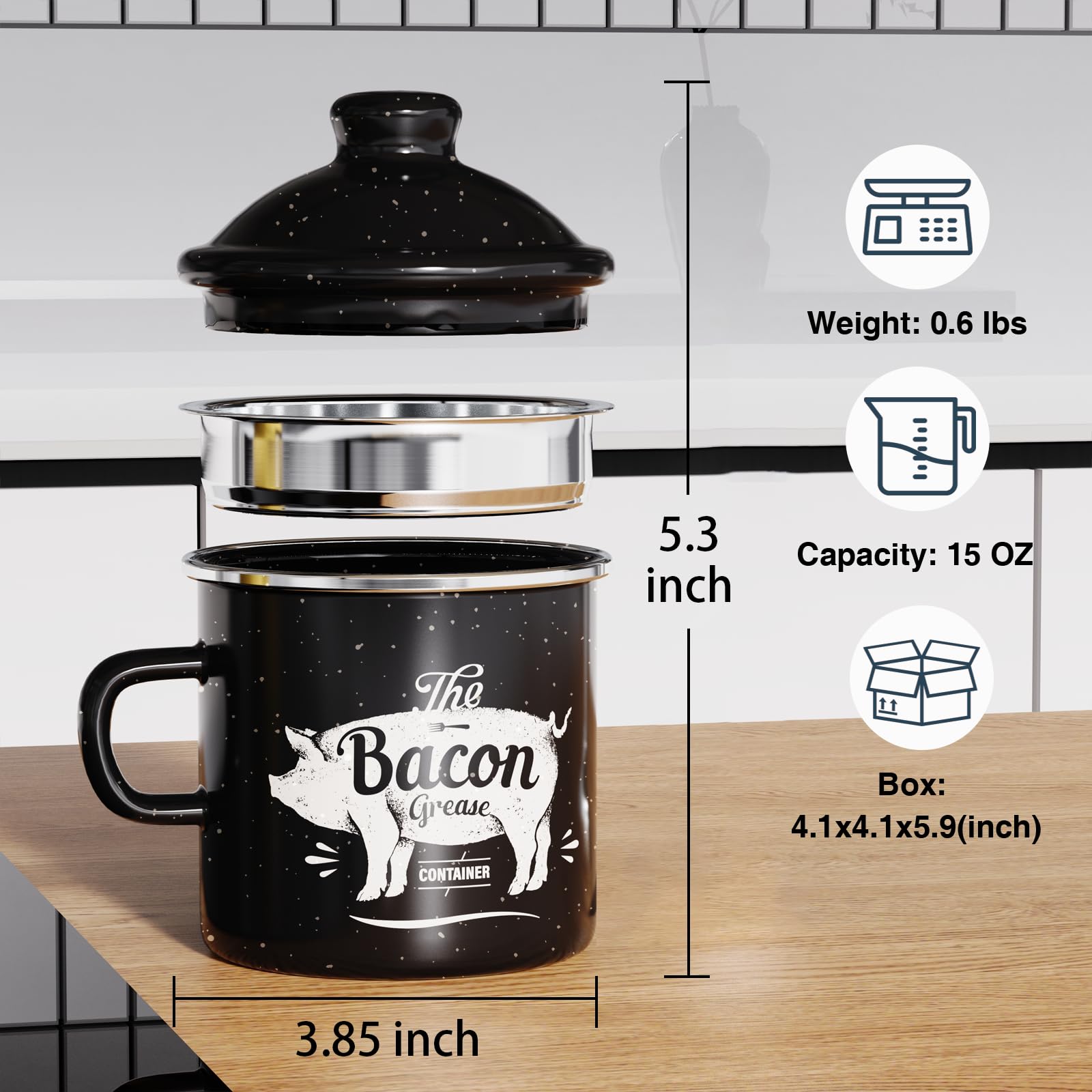 PGYARD grease keeper with removable stainless steel strainer for clean fat.