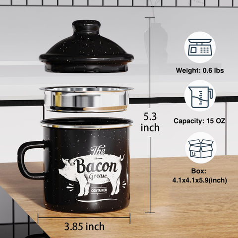 PGYARD grease keeper with removable stainless steel strainer for clean fat.