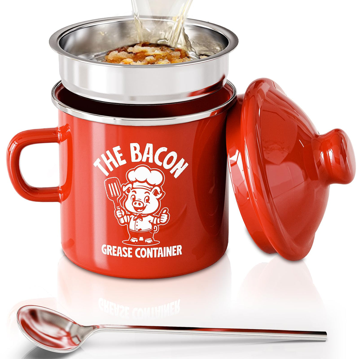PGYARD mini bacon grease saver with strainer in red enamel stores clean grease for reuse