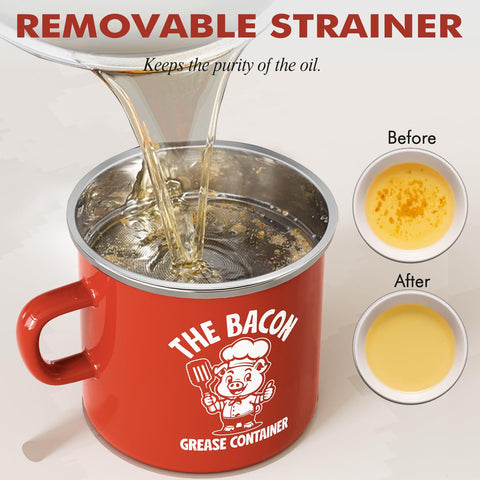 PGYARD kitchen scene with red enamel grease saver on counter