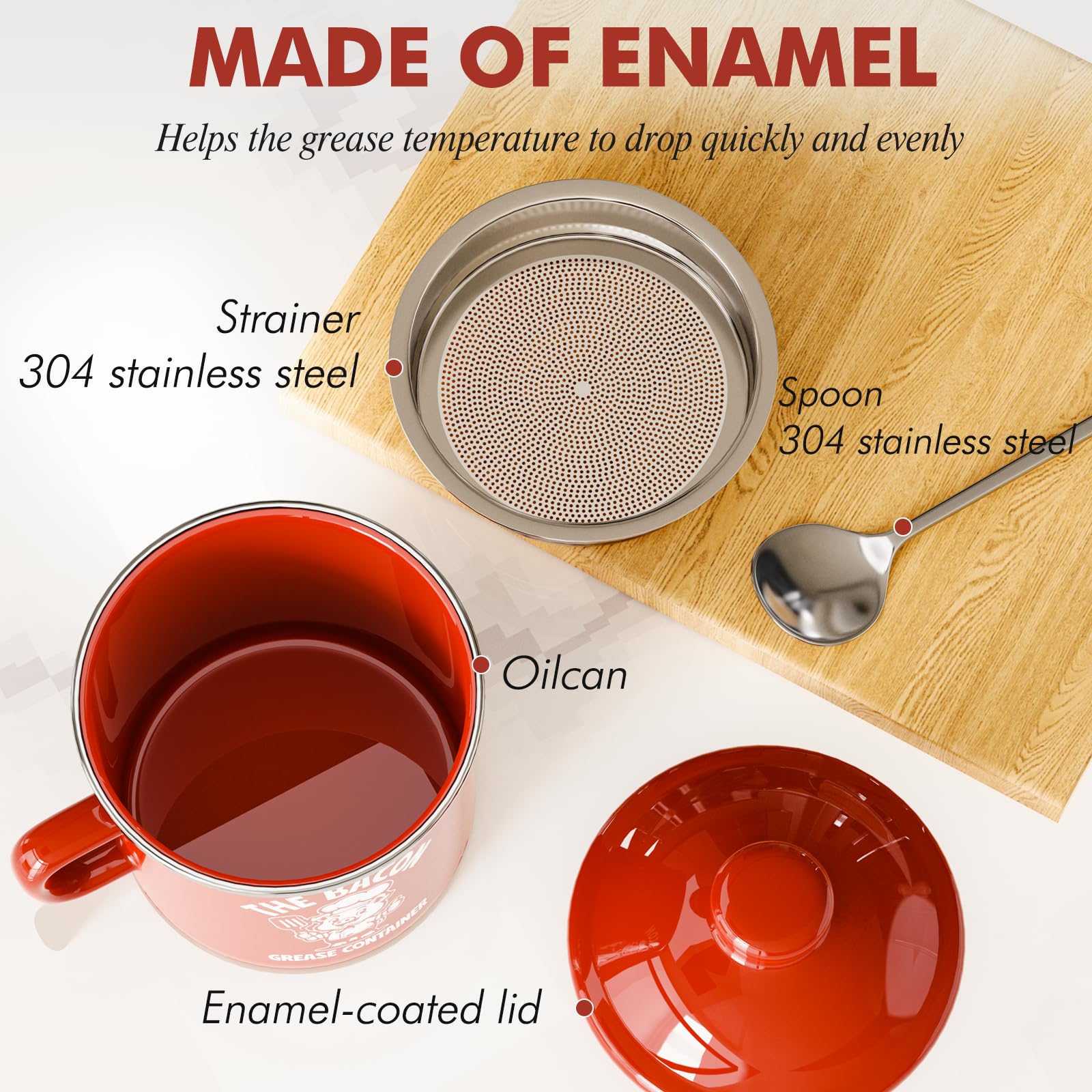 PGYARD grease saver in red enamel with spoon in use