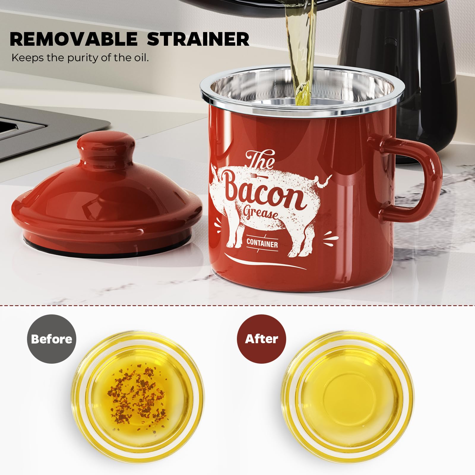 PGYARD removable stainless steel strainer separates solids from fat