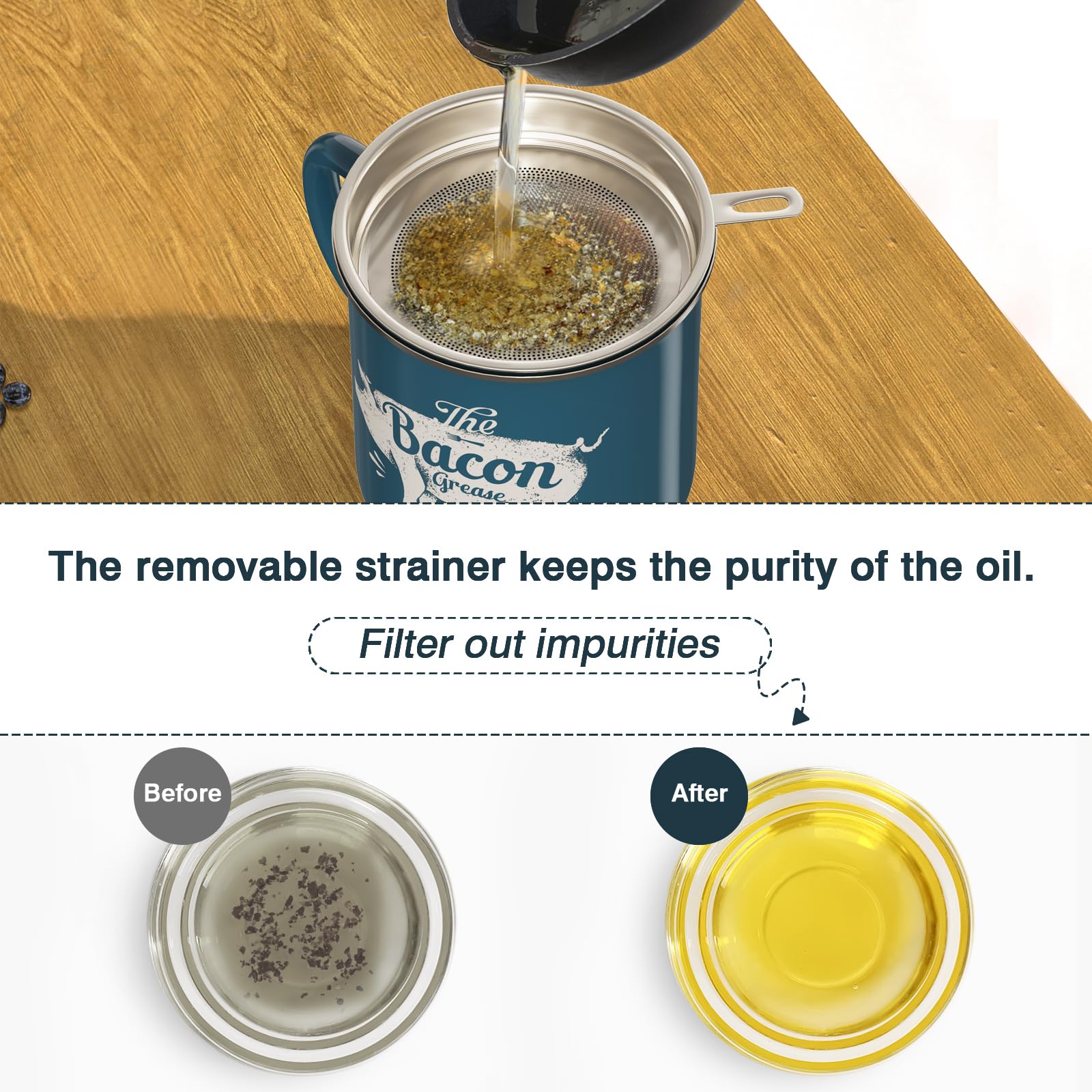 PGYARD removable stainless steel strainer demonstrates filtration of grease