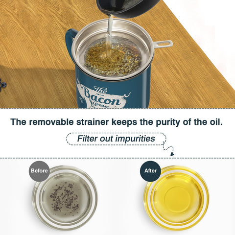 PGYARD removable stainless steel strainer demonstrates filtration of grease