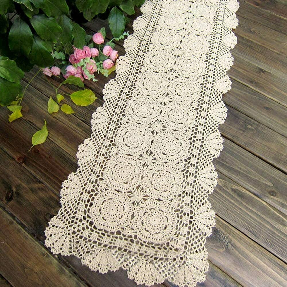 Phantomon floral beige table runner with crochet lace for elegant dining.