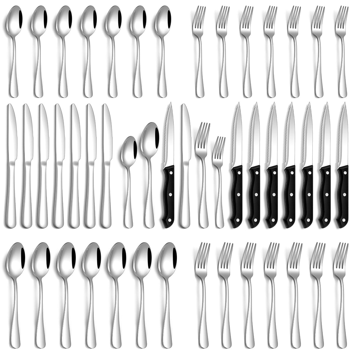 PHILIPALA 48-piece silverware set on dining table, ideal for daily family meals.