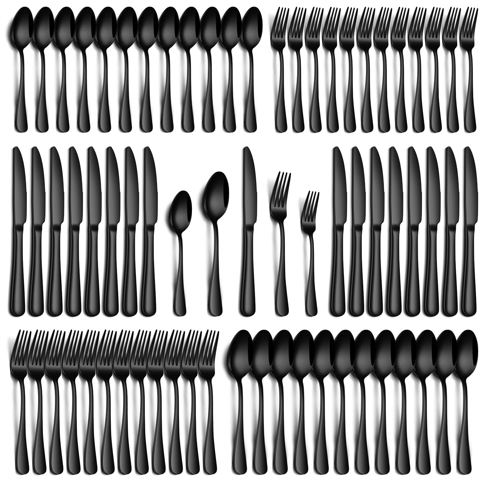 PHILIPALA 60-piece black silverware set on a dining table, perfect for family meals