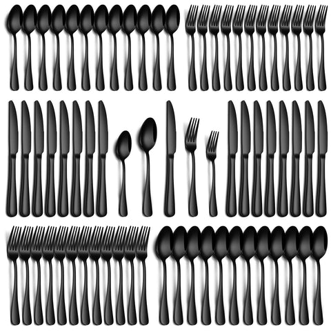PHILIPALA 60-piece black silverware set on a dining table, perfect for family meals