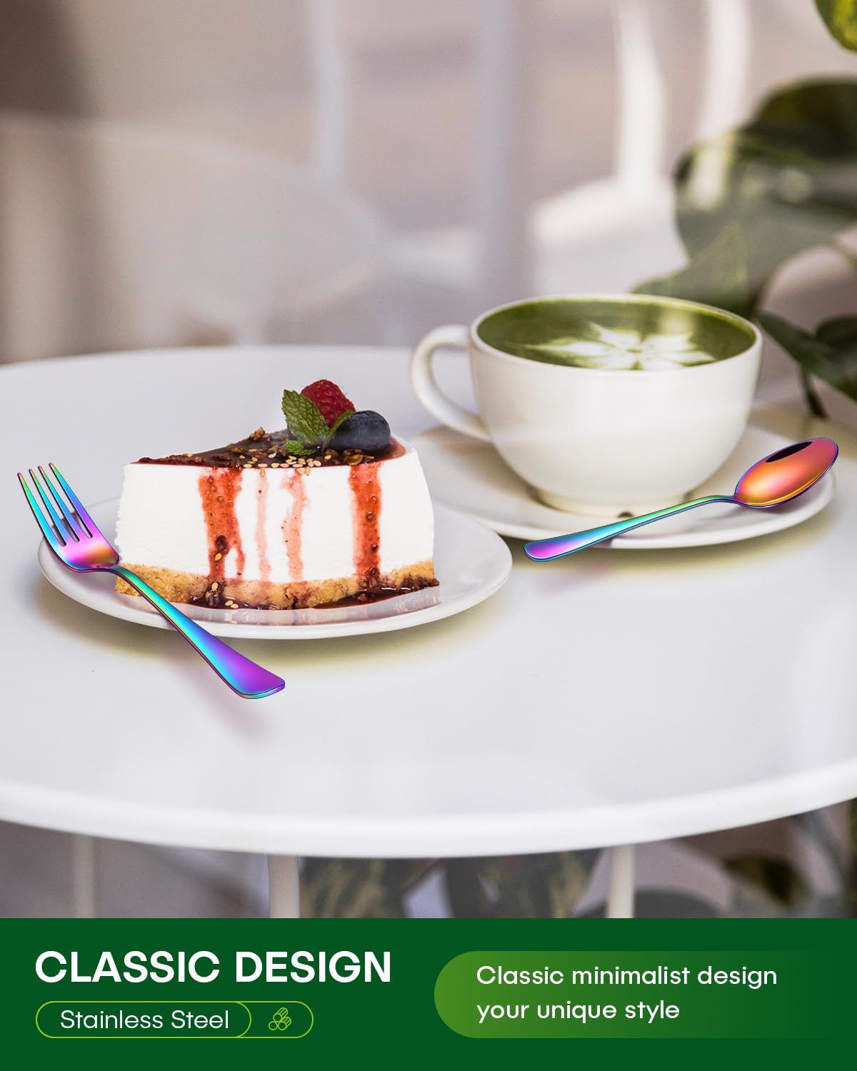 PHILIPALA rainbow silverware set close-up showing mirror polish and clean lines.