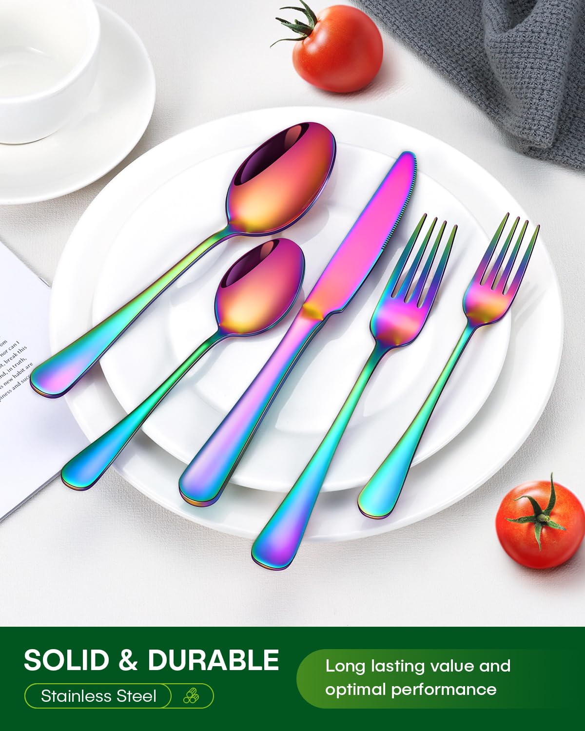 PHILIPALA rainbow silverware on table for festive dining setup.
