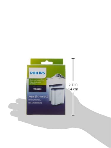 Philips AquaClean filter with cup image suggesting no-descaling benefits