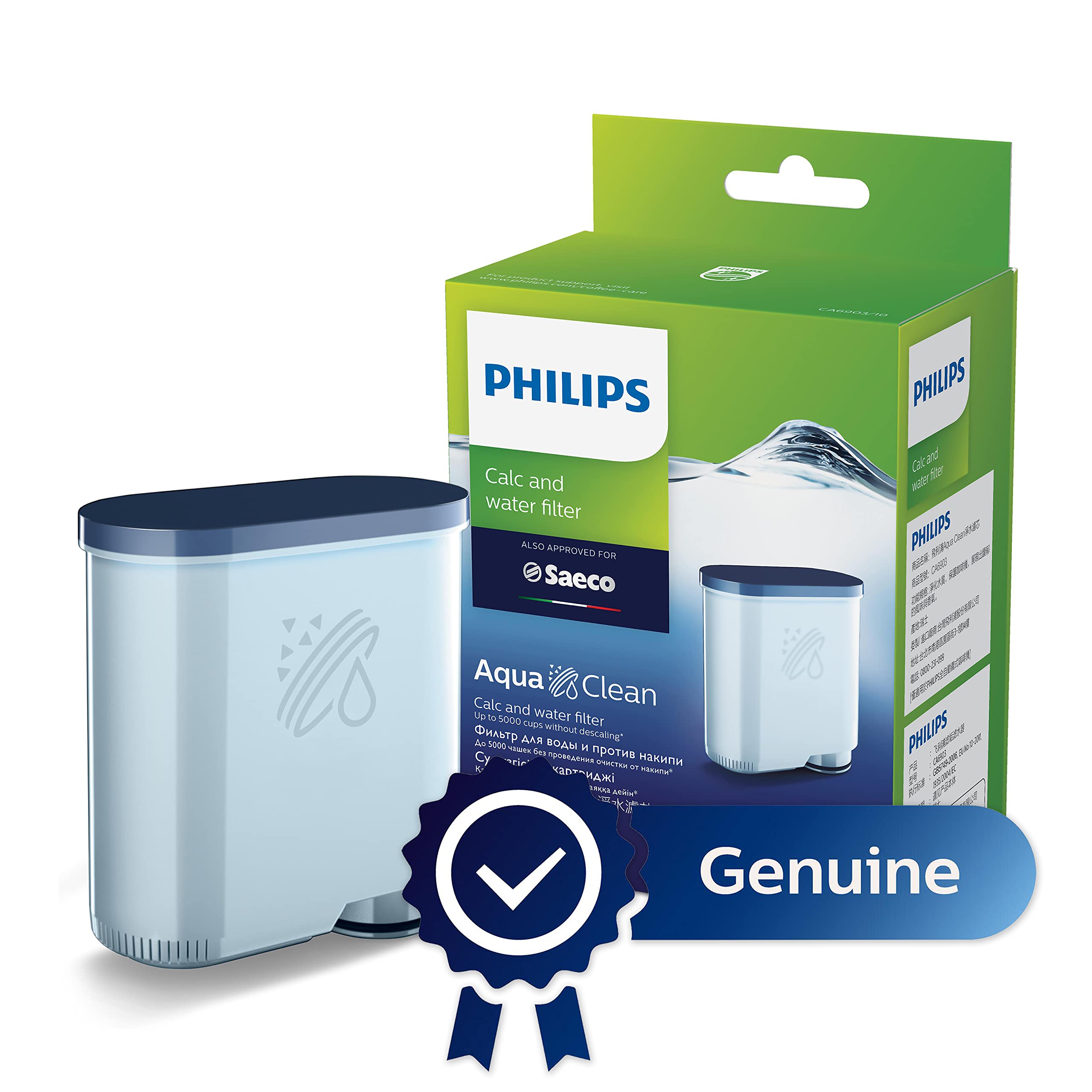 Philips AquaClean filter packaging front showing easy replacement and long-lasting protection