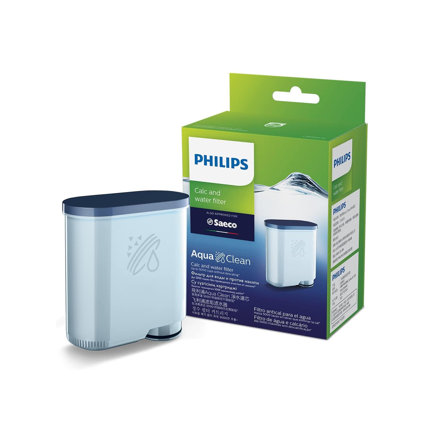 Philips AquaClean original filter closeup highlighting calcium reduction for smoother espresso