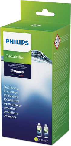 Back view of Philips CA6700/22 universal descaler 2-pack showing contents and safety notices.