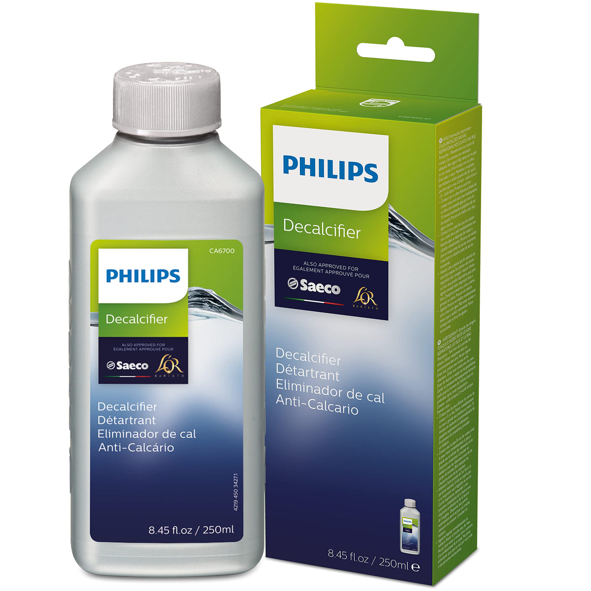 Philips Descaler bottle 250ml ready for routine descaling to extend machine life.