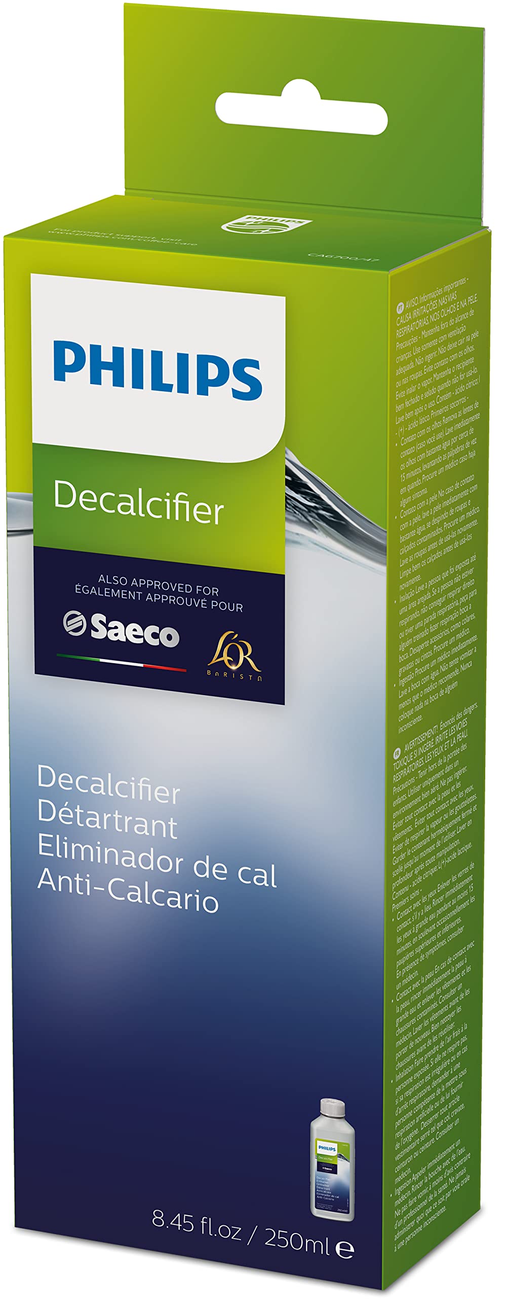 Philips Descaler dissolves in water to create a cleaning solution.
