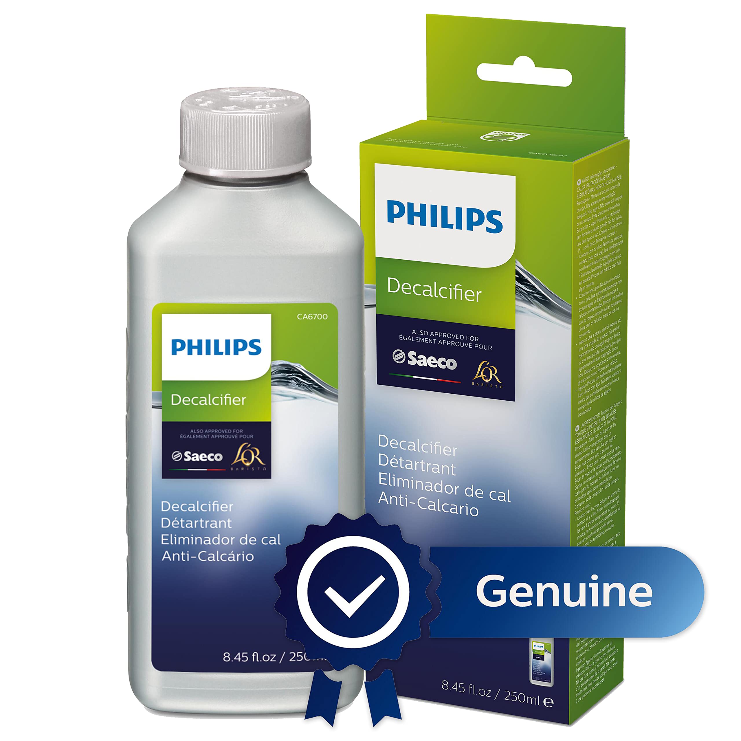 Philips Descaler packaging label highlights compact 250 ml bottle for easy use.