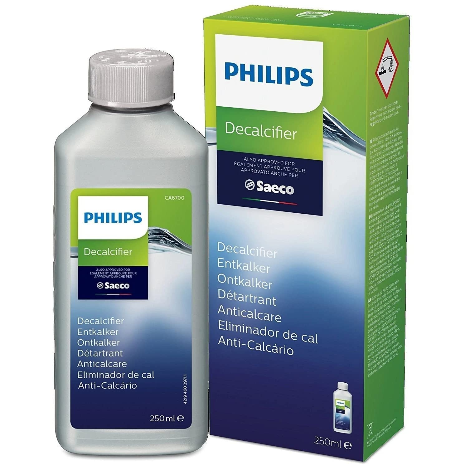 Philips Saeco decalcifier 250ml pack label detail supports safe appliance maintenance
