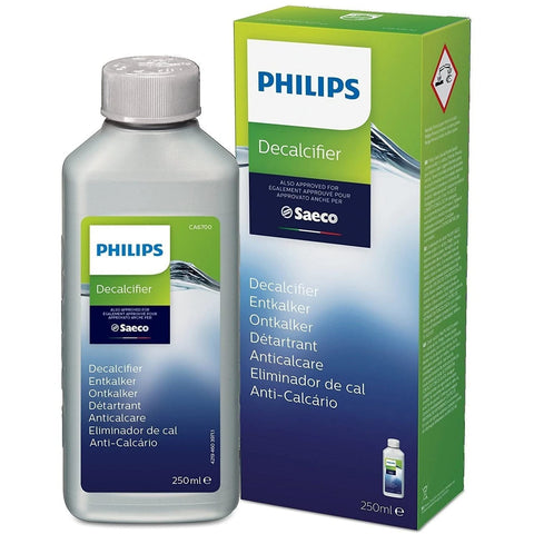 Philips Saeco decalcifier 250ml pack label detail supports safe appliance maintenance