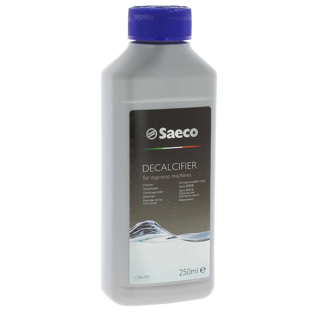 Philips Saeco descaler bottle for regular maintenance to keep espresso machine running smoothly.
