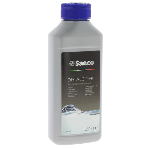 Philips Saeco descaler bottle for regular maintenance to keep espresso machine running smoothly.