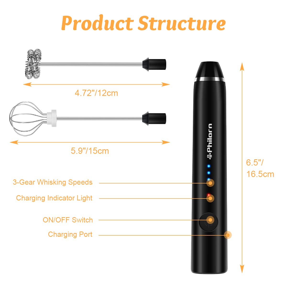Philorn milk frother wand showing three-speed controls for customizable froth