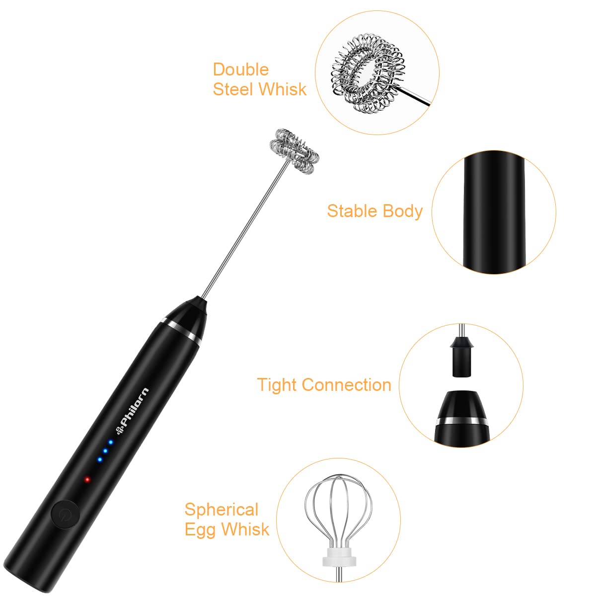 Philorn milk frother wand USB-C rechargeable power for cordless convenience