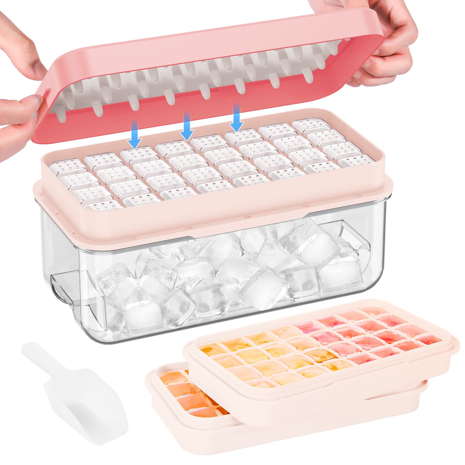PHINOX ice cube tray with lid and bin for organized freezer storage.