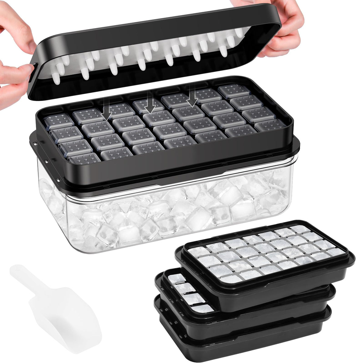 PHINOX ice tray with lid and bin setup for organized freezer storage.