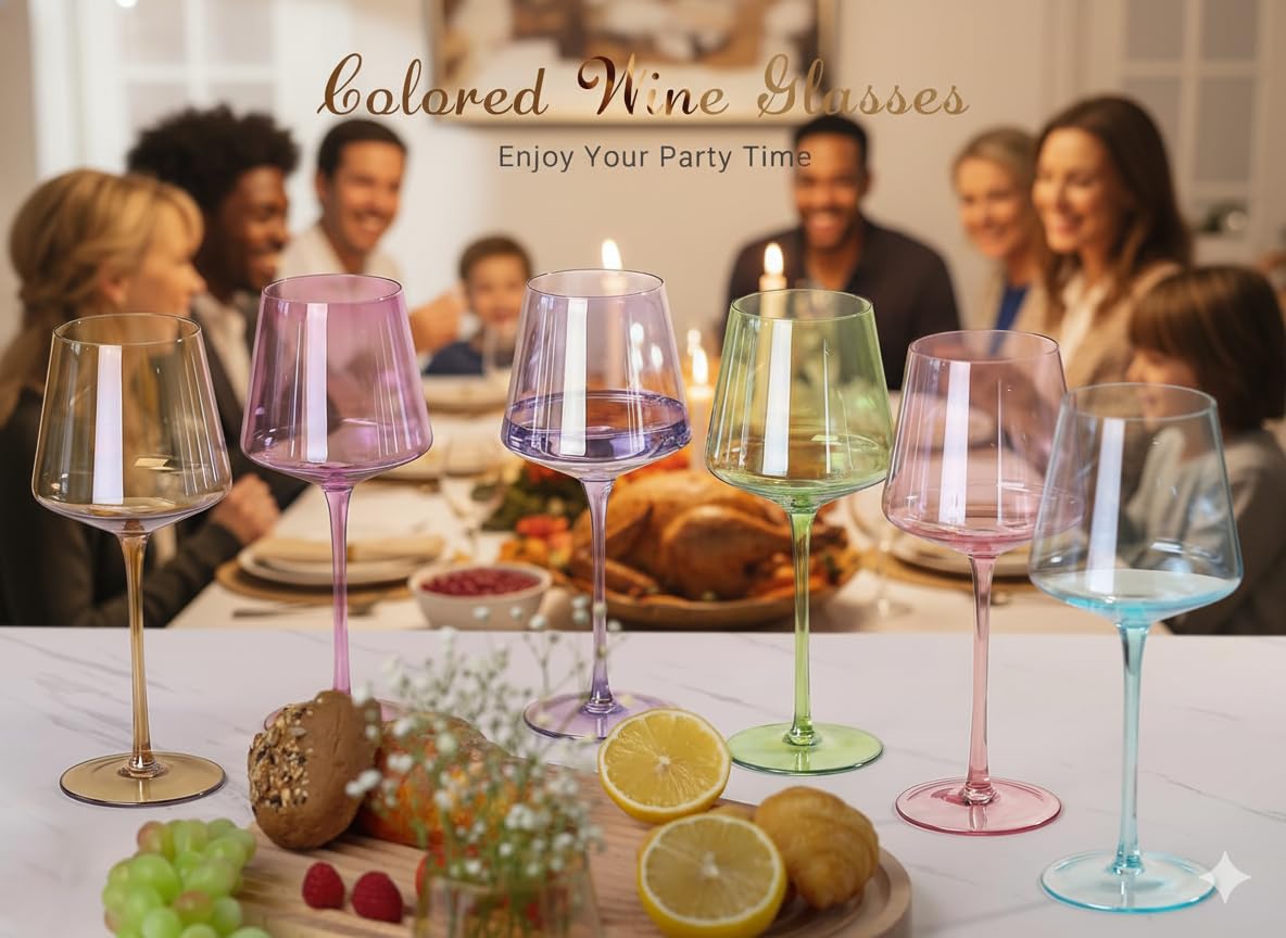 Physkoa colored wine glasses light refraction showcases vibrant wine presentation.
