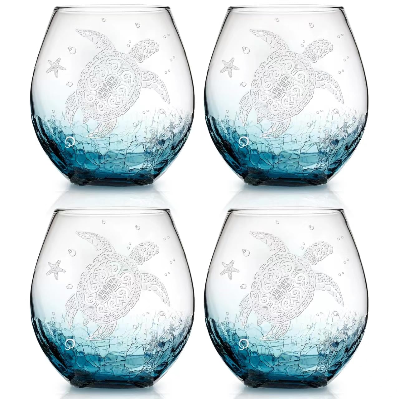 Physkoa sea turtle crackle teal stemless glass, durable hand-blown design for wine and cocktails.