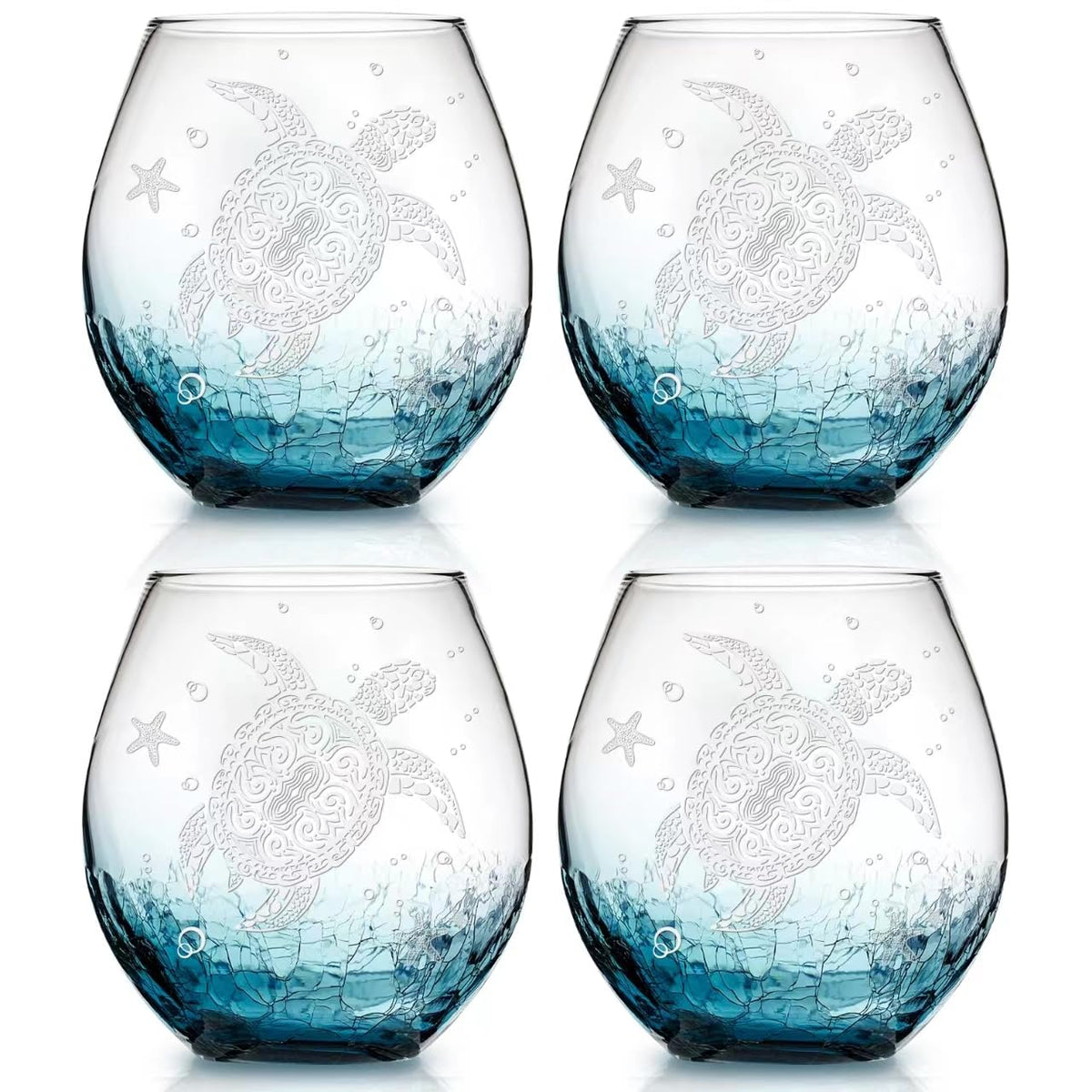Physkoa sea turtle crackle teal stemless glass, durable hand-blown design for wine and cocktails.