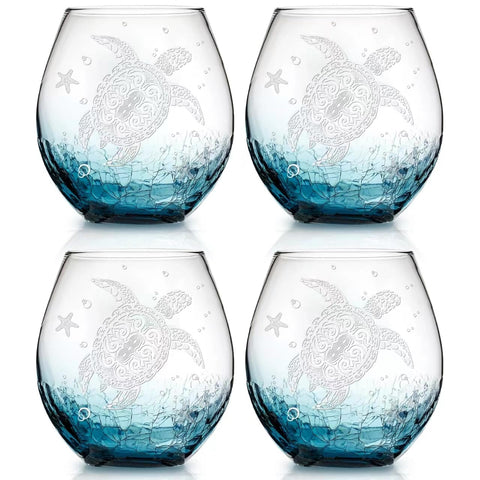 Physkoa sea turtle crackle teal stemless glass, durable hand-blown design for wine and cocktails.