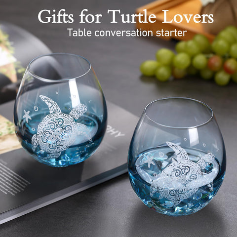 Physkoa sea turtle stemless glass 13.5oz capacity, perfect for wine and mixed drinks.