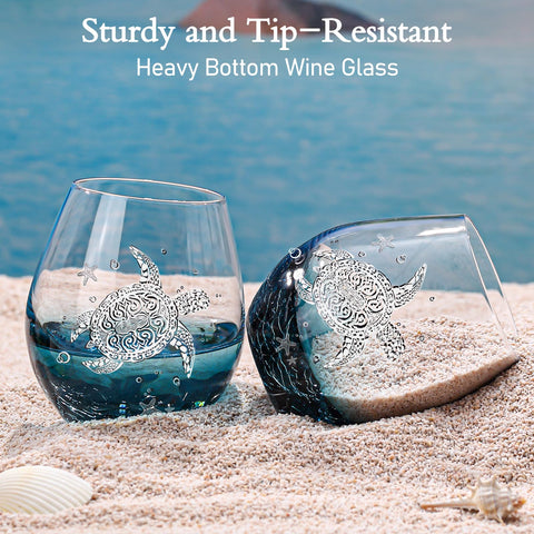 Physkoa sea turtle stemless glass in teal crackle finish, ideal for entertaining.