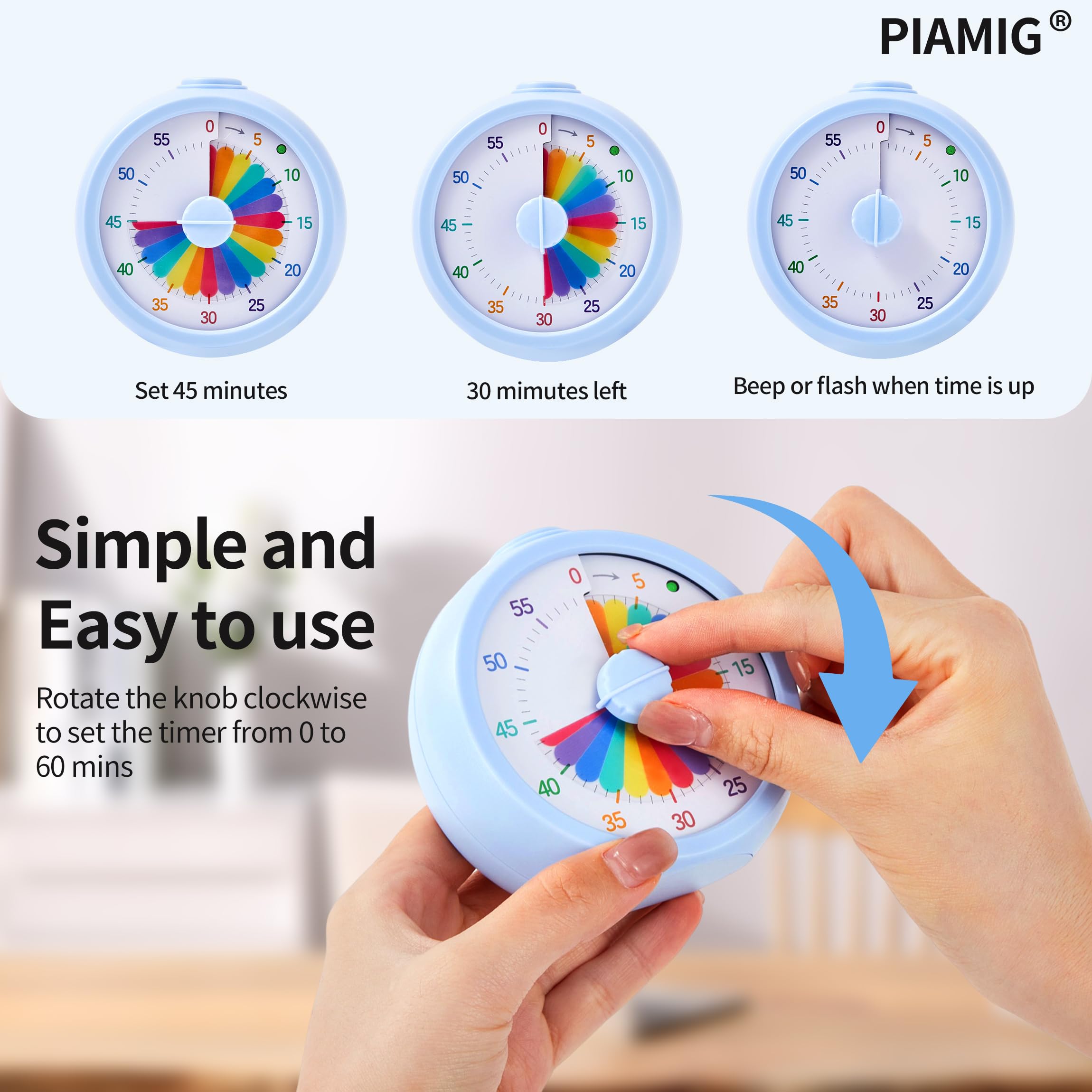 PIAMIG Visual Timer 60-minute countdown supports focused study intervals