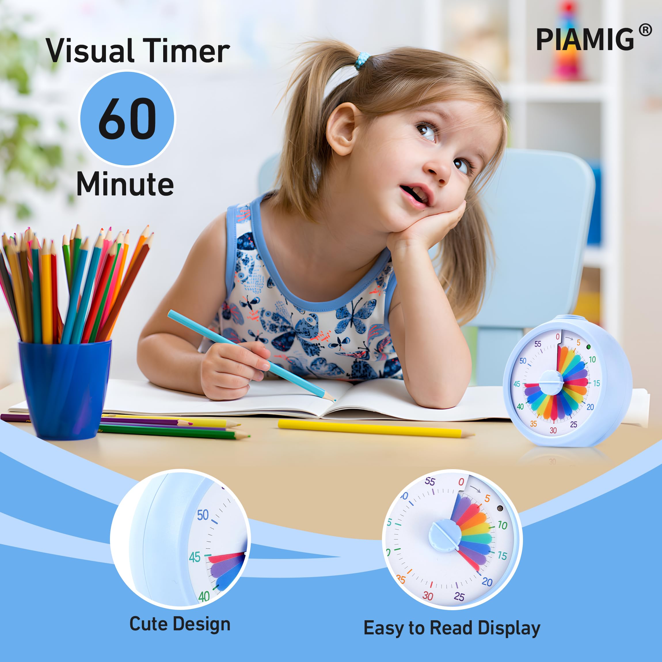 PIAMIG Visual Timer blue casing serves as a portable study companion