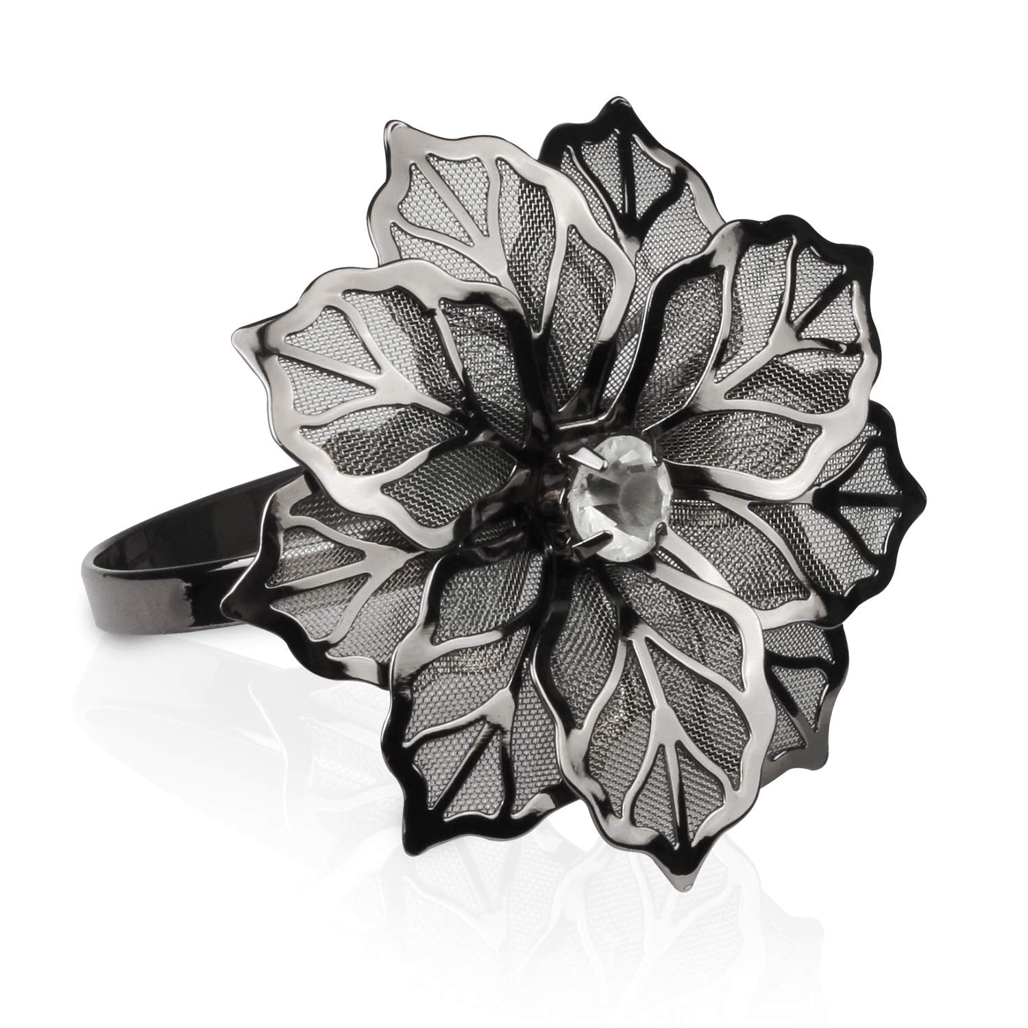 Picowe napkin rings with hollow flower add elegant texture to gun metal tables.