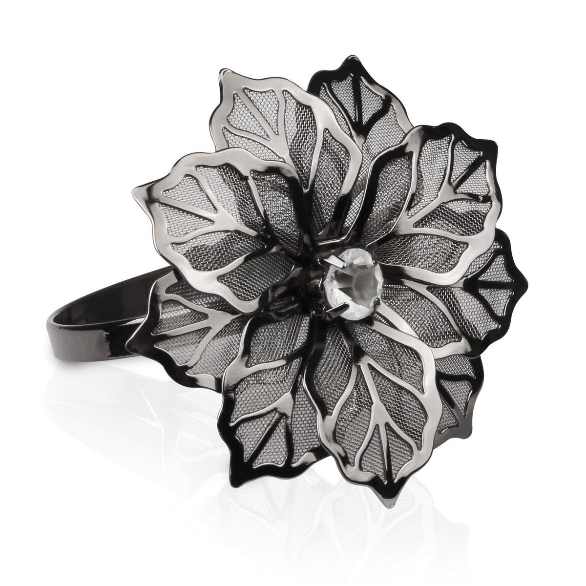 Picowe napkin rings with hollow flower add elegant texture to gun metal tables.