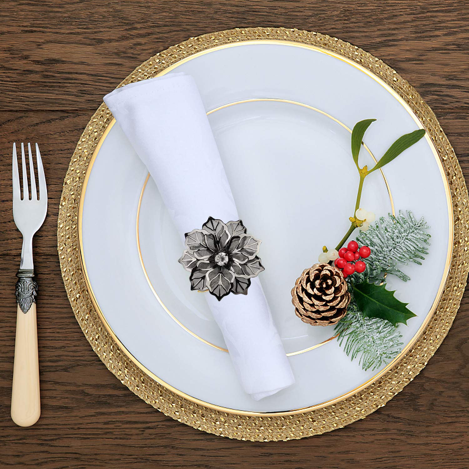 Picowe napkin rings highlight cloth napkins and festive table settings.