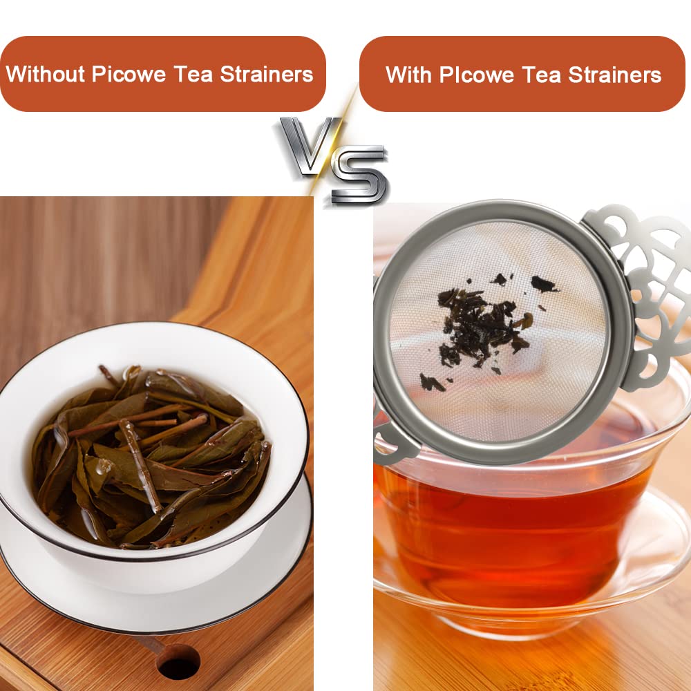 Picowe strainer features double winged handles and crown pattern for safe grip.