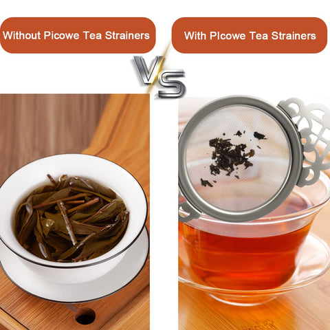 Picowe strainer features double winged handles and crown pattern for safe grip.