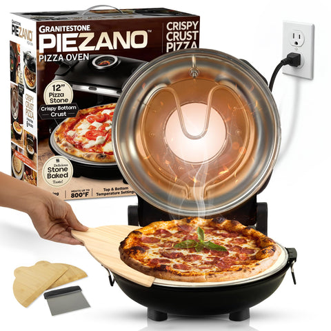 Piezano Crispy Crust Pizza Oven on countertop for quick homemade pies.