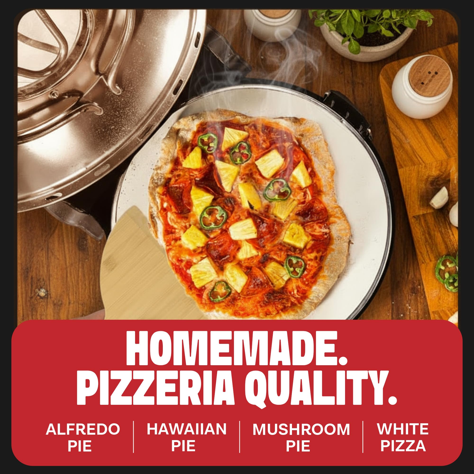 PIEZANO XL family dinner scene shows shared, hot, crispy pizzas