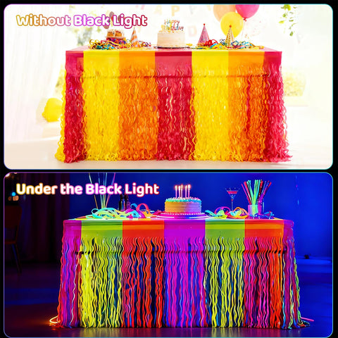 Pigetale glow-foil fringe table skirt in yellow brightens neon party setups