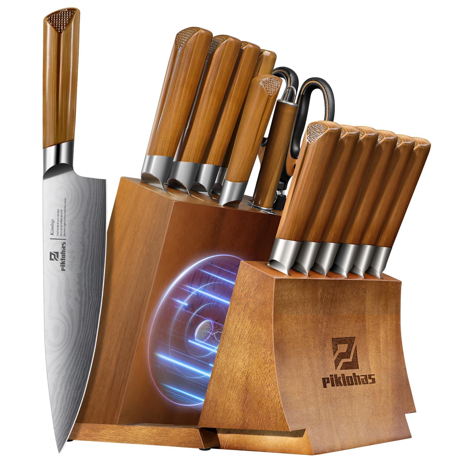 Piklohas 15-piece knife set with magnetic holder on acacia block for organized prep