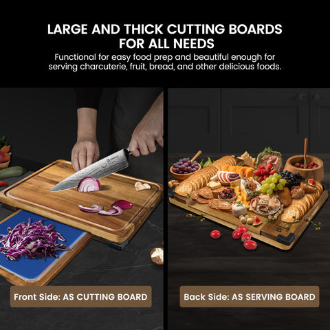 Piklohas acacia cutting board with reversible surface for meat and cheese.