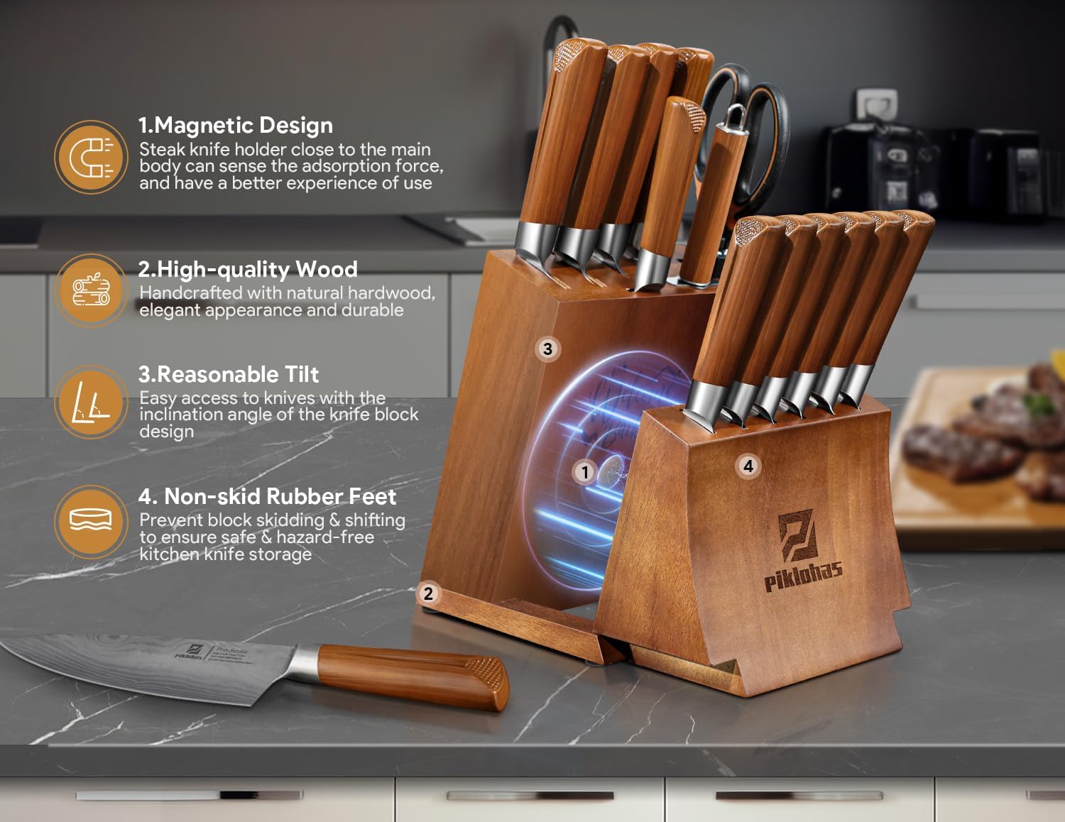 Piklohas acacia wood knife holder, FSC-certified and sturdy