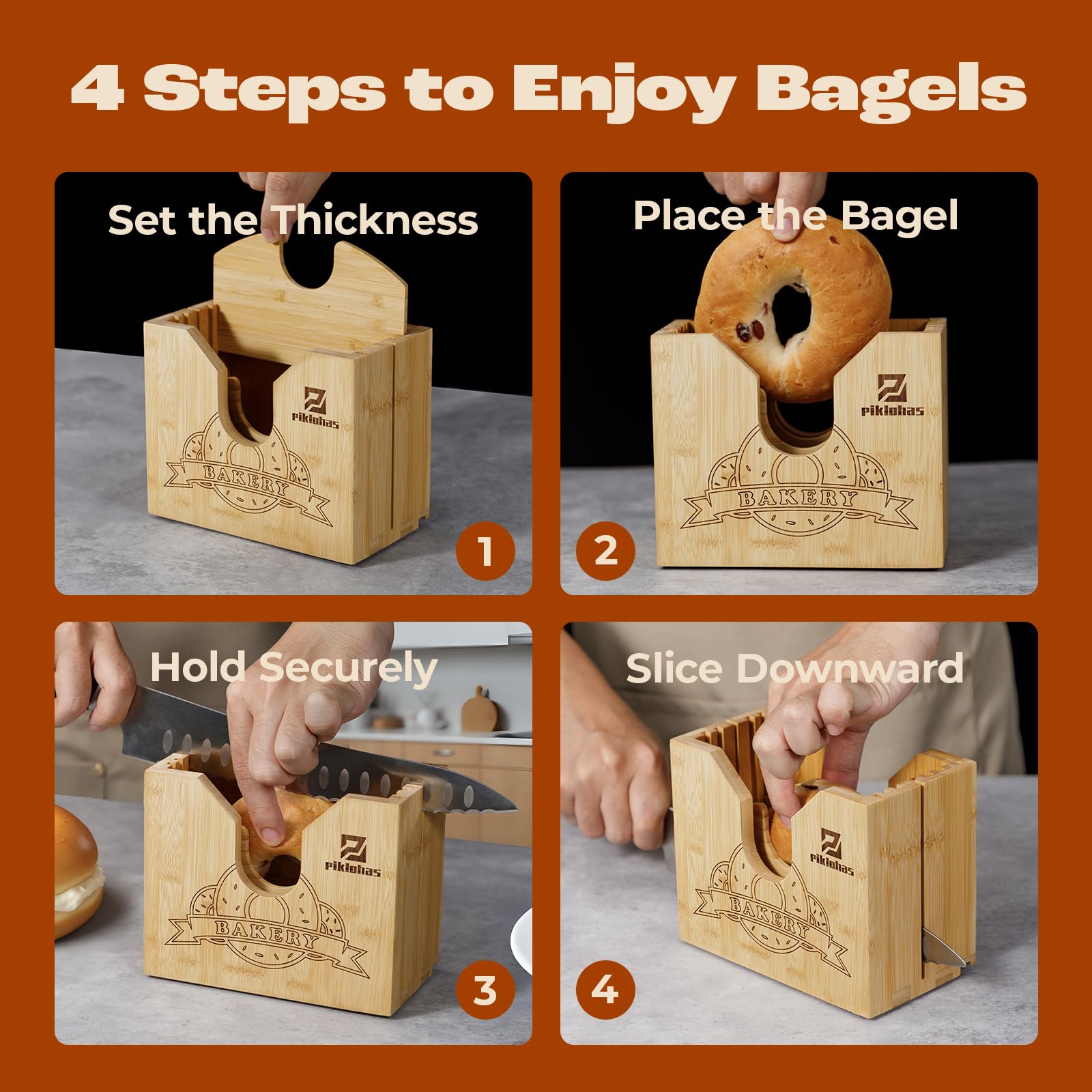 Piklohas bagel slicer guided slot centers each cut for uniform slices.