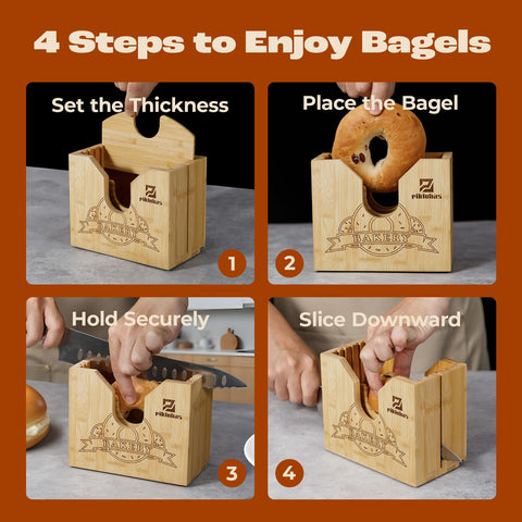 Piklohas bagel slicer guided slot centers each cut for uniform slices.